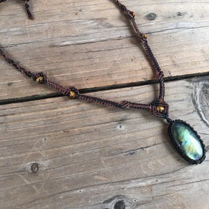 Black and brown Micro Macrame necklace with Labradorite stone and tiger eyes beads Necklace. Metal Free