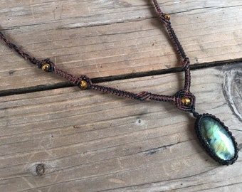 Black and brown Micro Macrame necklace with Labradorite stone and tiger eyes beads Necklace. Metal Free