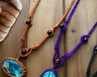 Handmade Labradorite Necklaces 3 Pack  In Micro Macrame with beads, Sacred Geometry Design. 3 necklaces