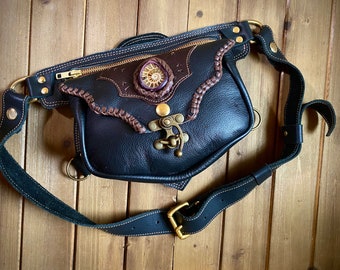 Handcrafted Leather Hip Bag Pouch with ammonite fossil , waist belt, Hip belt, Pocket belt, Utility belt, Festival Bag, with ammonite fossil
