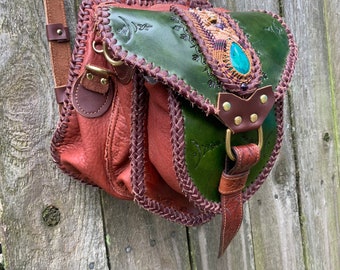Leather Convertible Backpack Purse, Shoulder Bag, Cross Body Bag with Macrame and Chrysocolla