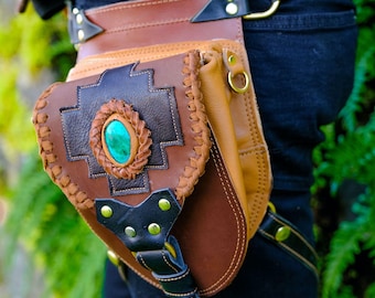 Leather Hip Bag Pouch with Chrysocolla stone Handcrafted Double Compartment Utility Belt, solid Brass Hardware,