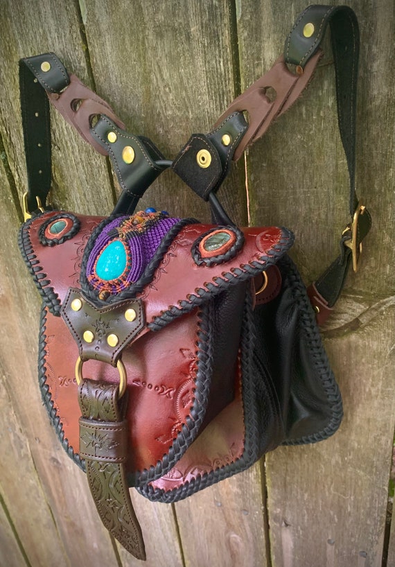 Handcrafted Leather Convertible Backpack Purse with Marketplaceite & Labradorite