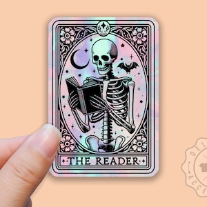 Holográfica La pegatina del LECTOR, Amante de los libros, Carta del Tarot, Esqueleto, Pegatina de bruja, Pegatina de botella de agua, Calcomanía portátil, Calcomanía de vaso, Smut