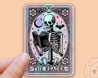 Holographic The READER Sticker, Book Lover, Tarot Card, Skeleton, Witchy Sticker, Water Bottle Sticker, Laptop Decal, Tumbler Decal, Smut