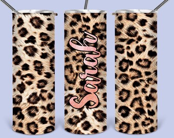 Customized Rose Gold CHEETAH PRINT Tumbler Double Wall Stainless Steel Skinny Tumbler with Metal Straw, Coffee Tumbler, Insulated Tumbler
