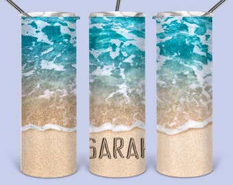 Customized Name Written in Sand BEACH Double Wall Stainless Steel Skinny Tumbler with Metal Straw, Coffee Tumbler, Insulated Tumbler Summer