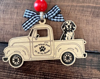 Beagle Christmas Tree Ornament, Beagle Dog, Wood Ornament, Gift for Dog Lover, Retro Pickup Truck, Dog Car Charm, Gift for Dog, Laser Cut