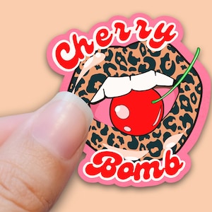 CHERRY BOMB Sticker, Leopard Print, Lips Sticker, Cherry Sticker, Retro, Vinyl Sticker Decal for Water Bottles, Laptop Tumbler Stickers