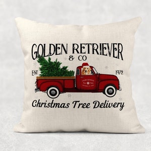 GOLDEN RETRIEVER, Christmas Decor, Throw Pillow, Pillow Cover, Red Christmas Tree Truck, Dog Home Decor, Gift for Dog Lover, Dog Mom, Yellow