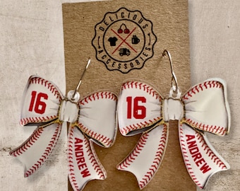 Custom Baseball Bow Earrings,  Personalized Player Name & Jersey Number,  Coach Gift, Game Day Jewelry, Sports Mom Gift, Team Spirit Jewelry