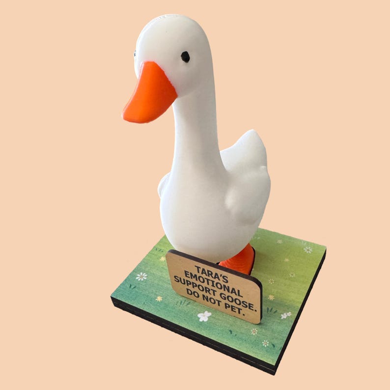Emotional Support Desk Goose, Customized Sign, Stand for Interchangeable Signs, Gift for Goose Lover, Do Not Pet, Personalized, Desk Buddy Goose on Wood Stand