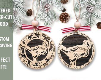 CUSTOMIZED Martial Arts Christmas Tree Ornament, Female Karate Ornament, Taekwondo Gift, Jiu Jitsu Ornament, Belt Ranking Gift, Karate Belt