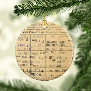 Vintage Reproduction Stamped Library Card Personalized Christmas Tree Ornament Gift for Her Librarian Porcelain Ceramic Book Lover Bookworm