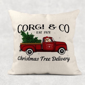 CORGI, Christmas Decor, Throw Pillow, Pillow Cover, Red Christmas Tree Truck, Dog Home Decor, Gift for Dog Lover, Dog Mom, Santa Hat, Corgis