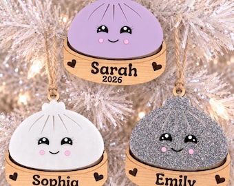 Personalized SQUISHY Dumpling Christmas Ornament, Kawaii Acrylic and Wood Keepsake, Custom Name and Year