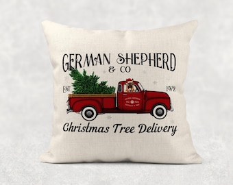 GERMAN SHEPHERD, Christmas Decor, Throw Pillow, Pillow Cover, Red Christmas Tree Truck, Dog Home Decor, Gift for Dog Lover, Dog Mom, K9