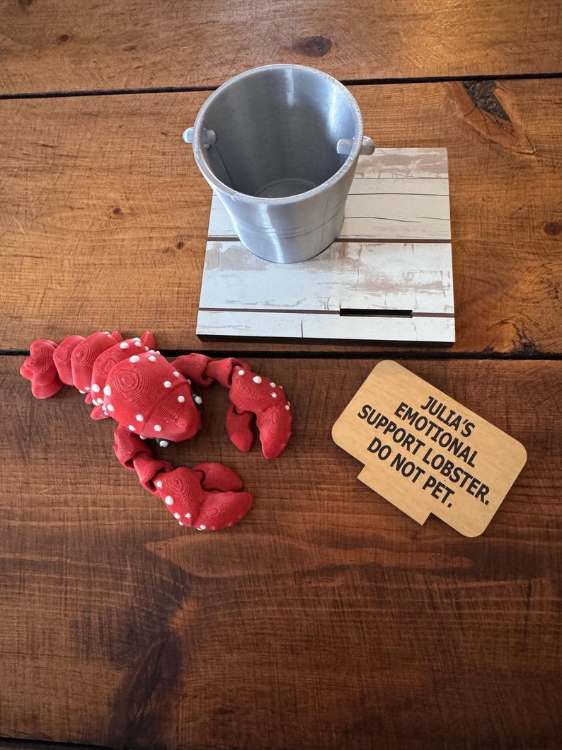 May include: A red plush lobster toy with white polka dots, a small silver bucket, and a wooden sign that reads "Julia's Emotional Support Lobster. Do Not Pet." The items are on a wooden surface.