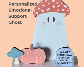 Emotional Support Ghost, Desk Pet, Customized, Fall Decor, Cottagecore Halloween, Mushroom Shelf Sitter, Personalized, Desk Buddy, Get Well