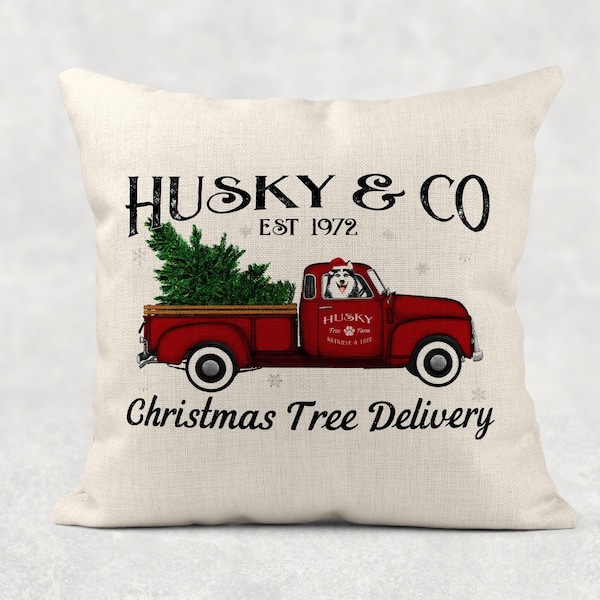 HUSKY, Christmas Decor, Throw Pillow, Pillow Cover, Red Christmas Tree Truck, Dog Home Decor, Gift for Dog Lover, Dog Mom Santa Hat