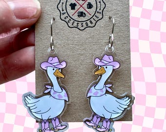 Silly Goose Earrings, Porch Goose Earrings, Nashville Bachelorette Party, Girl Trip, Pink Cowgirl Boots, Novelty, Clear Acrylic, Dangle