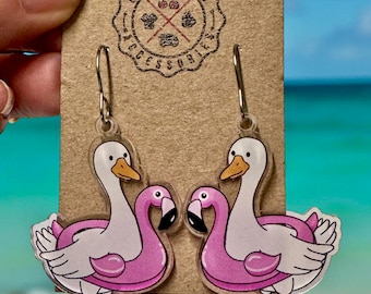 Silly Goose Earrings, Porch Goose Earrings, Summer Vacation Earrings, Girl Trip, Goose on the Loose Jewelry, Novelty, Clear Acrylic, Dangle