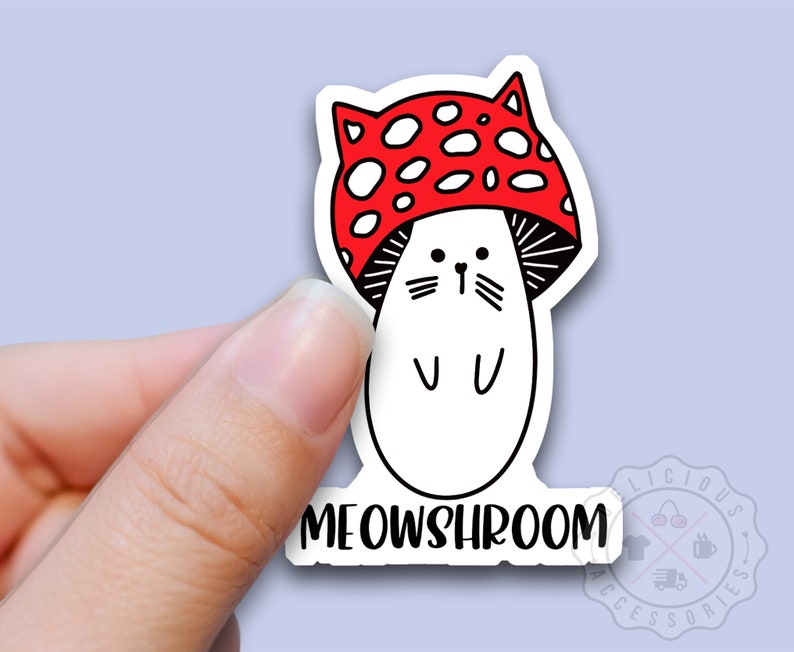 May include: A white sticker with a cartoon cat wearing a red and white mushroom hat. The text "MEOWSHROOM" is below the cat.