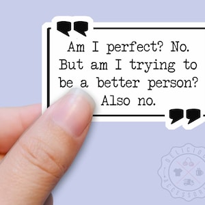 May include: White sticker with black text and borders. The text reads "Am I perfect? No. But am I trying to be a better person? Also no."
