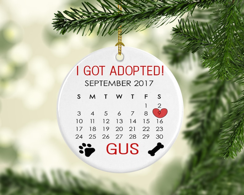 K&ouml;nnte beinhalten: Runder, wei&szlig;er Keramikschmuck mit dem Text "I GOT ADOPTED! SEPTEMBER 2017." Ein Kalender markiert den 2. September mit einem Herz. Enth&auml;lt einen Pfotenabdruck, einen Knochen und den Namen "GUS."