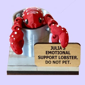 May include: A red lobster figurine with white polka dots, sitting in a silver bucket. A wooden sign reads "JULIA'S EMOTIONAL SUPPORT LOBSTER. DO NOT PET." The lobster has large claws and is on a wooden base.