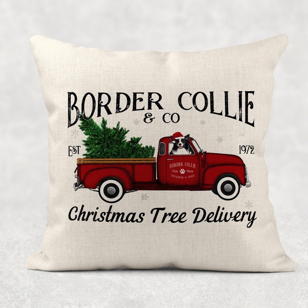BORDER COLLIE, Christmas Decor, Throw Pillow, Pillow Cover, Red Christmas Truck, Dog Home Decor, Gift for Dog Lover, Dog Mom, Christmas Tree