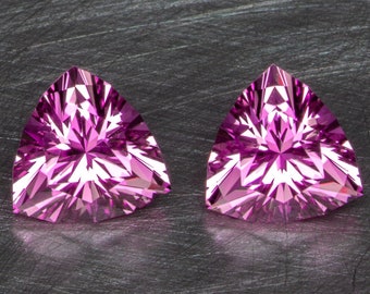 Pink Sapphire Loose Matched Pair of Lab Created Trillion Cut Designer Precision Handmade Gemstones