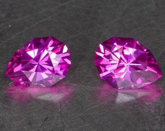 Hot Pink Sapphire Loose Matched Pair of Lab Created Pear Cut Designer Precision Handmade Gemstones
