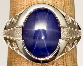 Gents Modern Yet Vintage Style Lab Created Blue Star Sapphire Designer Sterling Silver Gypsy Bezel Set Ring