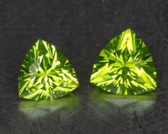 Green Sapphire Loose Matched Pair of Lab Created Trillion Cut Designer Precision Handmade Gemstones