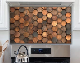 Copper Hexagon Mosaic Tempered Glass Stove Backsplash | Custom Kitchen Splashback Panel