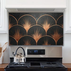 Glass Stove Backsplash | Art Deco Copper Fan Custom Kitchen Splashback Panel