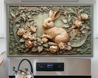 Vintage Bunny Floral Stove Backsplash – UV-Printed Tempered Glass Panel