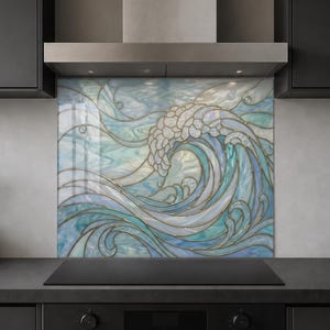 Pearl Ocean Wave Glass Backsplash: Aqua Gold Art Nouveau Kitchen Panel