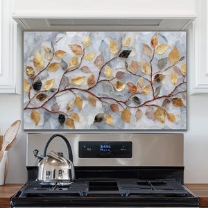 Gold Leaf Branch Tempered Glass Stove Backsplash | Custom Kitchen Panel