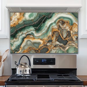 Tempered Glass Backsplash, Green Agate Marble, UV-Printed, Heat Resistant