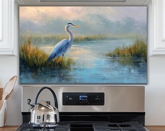 Tempered Glass Backsplash, Heron Marsh Landscape, UV-Printed, Heat Resistant