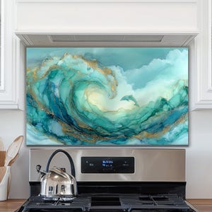 Dosseret en verre trempé | Décoration de cuisine art abstrait dauphins vagues océaniques