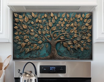 3D Bronze Tree Glass Backsplash | Metallic Gold Leaf Stove Guard | Teal Textured Art