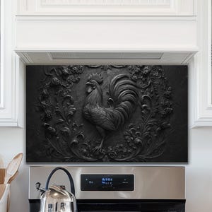Glass Backsplash | 3D Black Rooster Stove Guard | Ornate Farmhouse Gothic Kitchen Decor