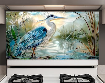 Blue Heron Stove Backsplash Tempered Glass Panel, Custom Size