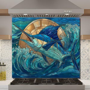 Blue Marlin keukenachterwand - gehard glas oceaanontwerp