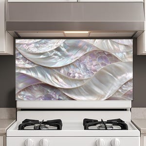 Achterwand voor kachel, spatscherm gehard glas, parelmoer golven, aangepast formaat