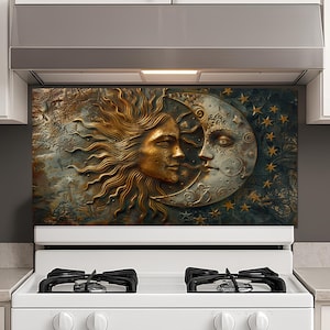 Rückwand für Herd, gehärtetes Glas, Bronze Sun & Moon Relief Look, Custom Size