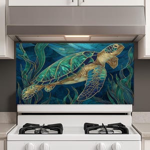 Sea Turtle Tempered Glass Backsplash, Ocean Art (Custom Sizes)